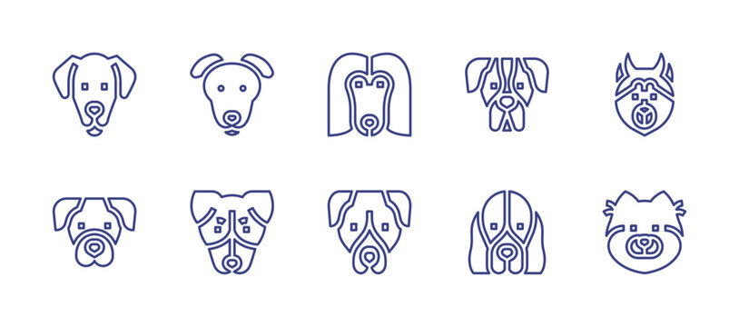 Dog breeds line icon set. Editable stroke. Vector illustration. Containing labrador, greyhound, afghan hound, saint bernard, siberian husky, weimaraner, rat terrier, pitbull, basset hound, pomeranian.