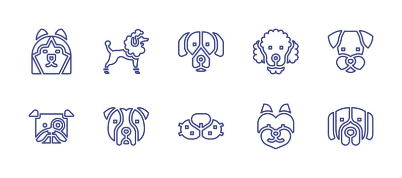 Dog breeds line icon set. Editable stroke. Vector illustration. Containing siberian husky, poodle, pointer, water dog, schnauzer, bulldog, dog, west highland terrier, saint bernard.