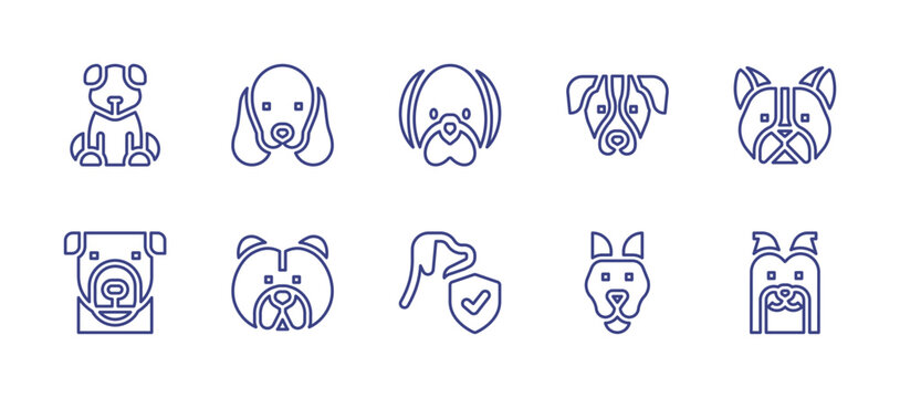 Dog breeds line icon set. Editable stroke. Vector illustration. Containing dog, cocker spaniel, bichon frise, english pointer, bulldog, chow chow, protection, yorkshire terrier.