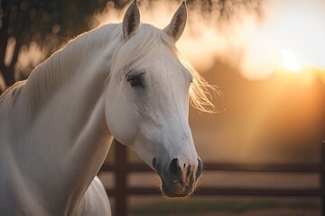 A picture of a horse in the sun. Farm animals. Close up picture of a white horse with a white mane. At sunset, a white horse is in a paddock. horse walks in a street paddock. Having horses and raising