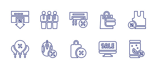 Sales line icon set. Editable stroke. Vector illustration. Containing online sale, team, air conditioner, shopping bag, undershirt, balloons, computer mouse, online shopping, drink.