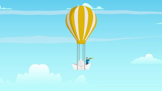 Businessman in origami boat flying on a hot air balloon