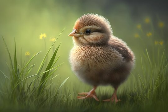 A small brown chicken walks across the grass in the garden. Generative AI