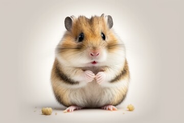 Cute Roborovski hamster sitting on his back feet sideways and eating with his front feet. On a white background by itself. Generative AI