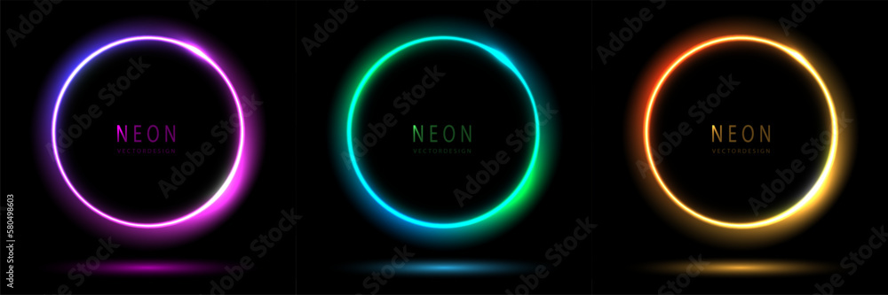 Aufkleber gradient neon circle frame. collection of round glowing neon lighting on dark background with copy s