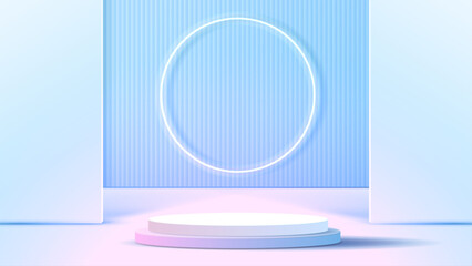 Display podium or stand with blue and pink gradient for product presentation in pastel colors room. minimal style ideal for presentation product platform, advertisement, package showing. vector.