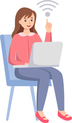 Cartoon character using mobile wireless technology for faster connectivity with laptop illustration. 5G wireless network technology concept