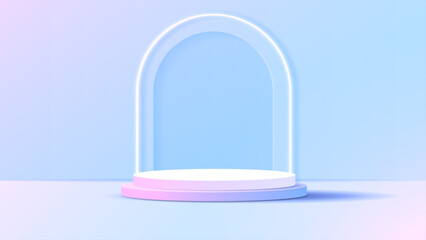 Display podium or stand with blue and pink gradient for product presentation in pastel colors room. minimal style ideal for presentation product platform, advertisement, package showing. vector.