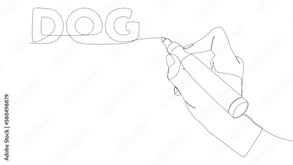 Poster one continuous line of dog text written with a pencil, felt tip pen. thin line illustration vector c