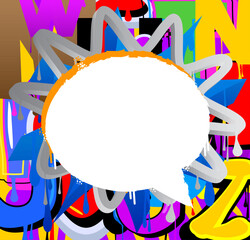 White speech bubble on colorful Graffiti background. Abstract modern street art decoration performed in urban painting style.