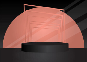 Black and Light Red Cylinder stage showcase. Realistic pedestal podium for presentation. 3D vector room mockup. Abstract minimal geometric product display forms, empty scene.
