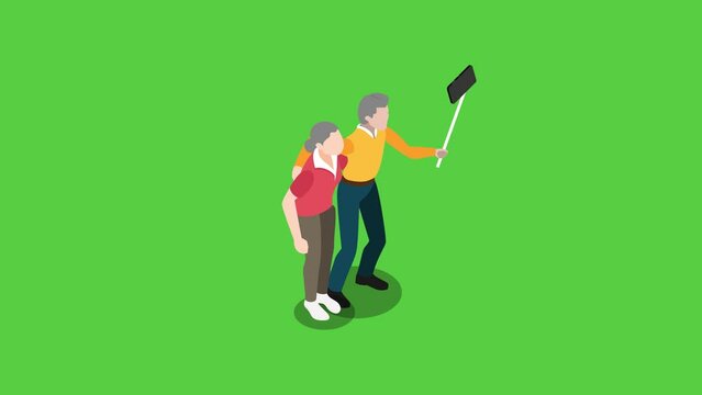 Senior couple take selfie photo on green screen 3d animation
