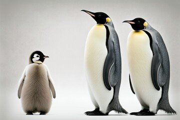 Emperor penguins and their young, standing alone against a white background. Help save Antarctica. Generative AI