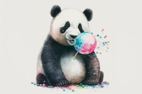 A picture of a Panda bear with bubblegum that was drawn by hand. By itself on white. A cute watercolor picture. Generative AI