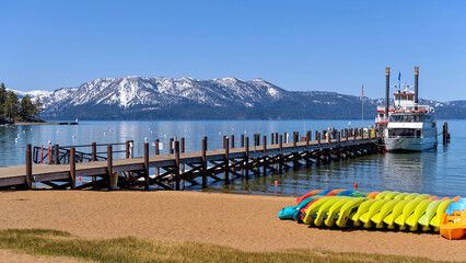 Zephyr Cove - A quiet sunny Spring morning at Zephyr Cove beach, Lake Tahoe, California-Nevada, USA.
