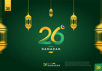 26th day of ramadan logotype on dark green background.