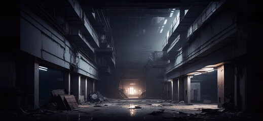 Inside a dark and dim abandond building or shopping mall.  Dark and dim remains or ruins of a modern building complex. abstract background. Generative AI.
