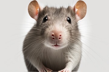 Portrait of an interested gray rat on a white background. Generative AI