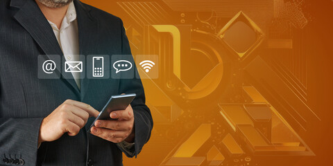 contact us concept using smartphone. Businessman holding mobile smartphone with icons: mail, phone, email. Cutomer support concept