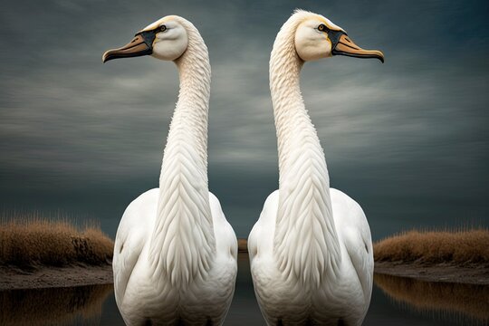 A beautiful picture of two Bewick Swans standing next to each other and looking in different directions with their long necks and faces. Generative AI