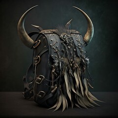 Knapsack with Tassels and Large Bovine Horns  for Medieval Fantasy RPG Adventurer's Inventory Bag [Generative AI]