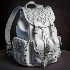 Silver Detailed White Leather Knapsack for Adventurer's Inventory Fantasy RPG Backpack Illustration [Generative AI]