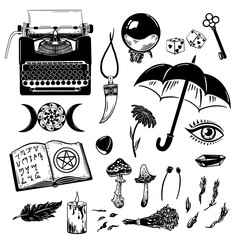 A mystical set of black objects isolated on a white background