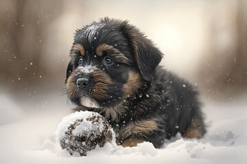 brown and black Bodeguero puppy playing in the snow with his ball. A natural winter scene with room to write. horizontal portrait. Animal based. Generative AI