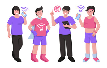 Cartoon characters using mobile wireless technology for faster connectivity with smartphones and tablet vector illustration. 5G wireless network technology concept