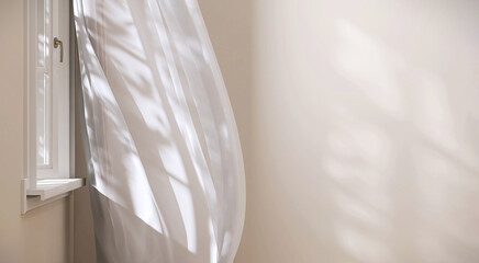 Blowing white sheer curtain, wooden window with stool in empty luxury white beige wall room in sunlight, leaf shadow for interior design decoration, air flow ventilation home product background 3D
