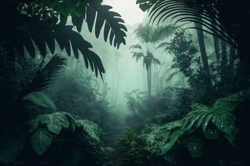 Image of tropical trees and leaves in foggy forest.