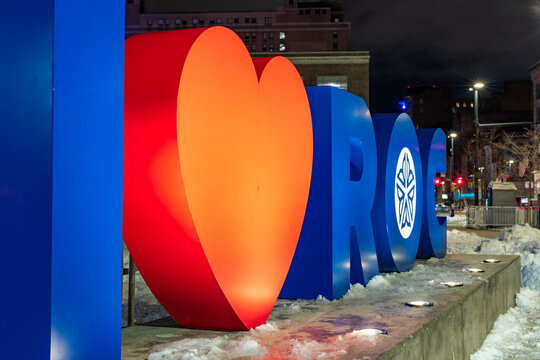 Rochester, NY, USA - March 12, 2023: Early morning photo of the I love heart Rochester sign located in the city Rochester NY.  