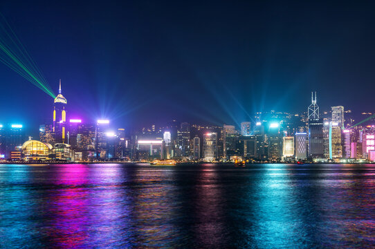 Light and sound show across the Victoria Harbour in Hong Kong at night