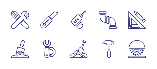 Construction line icon set. Editable stroke. Vector illustration. Containing skills, knife, drill, plumbing, ruler, shovel, wrench, hammer, circular saw.