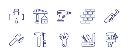Construction line icon set. Editable stroke. Vector illustration. Containing leak, under construction, drill, wall, wrench, axe, hammer, utility knife, caliper.