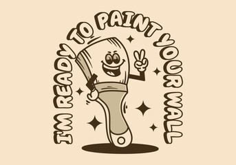 Mascot character of a standing paintbrush with hands forming a peace symbol