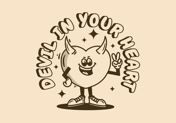 Mascot character of a standing devil heart with hands forming a peace symbol