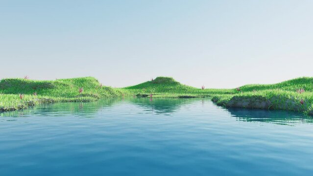 Green grassland with lakes, 3d rendering.