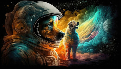 An abstract art of outer space with realistic cosmic waves and an astronaut dog in the background-created with Midjourney. 