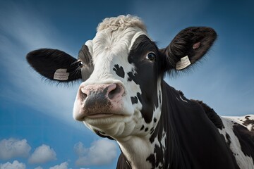 Cow looking friendly, portrait of a calm and mature bovine, gentle look, pink nose, medium shot of a black and white cow in front of a blue sky. Generative AI