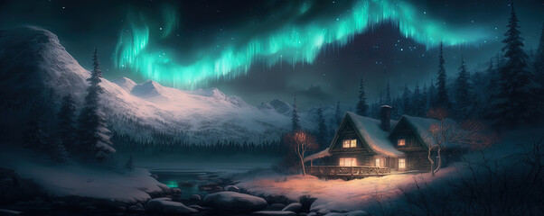 A winter wonderland with a cozy house and stunning northern lights. AI-Generated