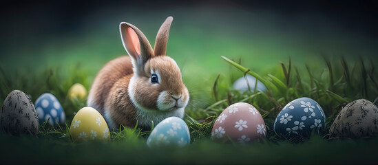 Fototapeta na wymiar Little easter bunny and easter eggs on green grass. AI-Generated