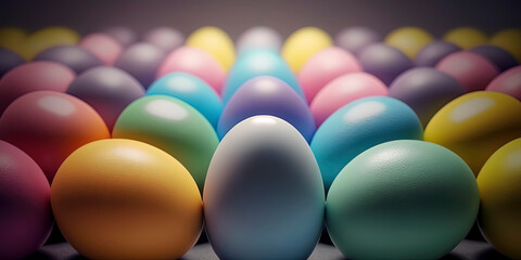 Vibrant Easter eggs of varying sizes create a festive background. AI-Generated