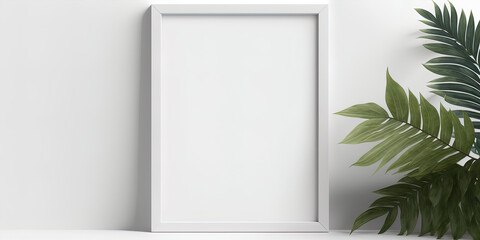 Vertical picture frame mockup with blank space on a white wall. AI-Generated