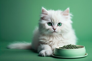 White fluffy kitten with a bowl of dry food Isolated on a green background with a color. Flat lay with copy space from the top Cats eat food for cats. Generative AI