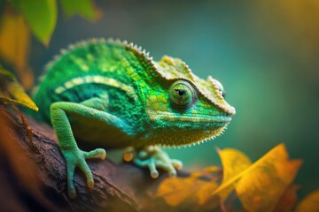 Macro shots, green chameleon in a beautiful natural scene. Generative AI