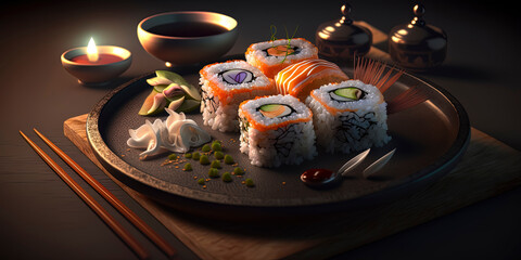 Tasty sushi showcased in product photo with a restaurant setting and studio illumination. AI-Generated
