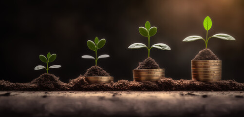 Business profitability depicted by sprouting seedlings on a stack of coins. AI-Generated