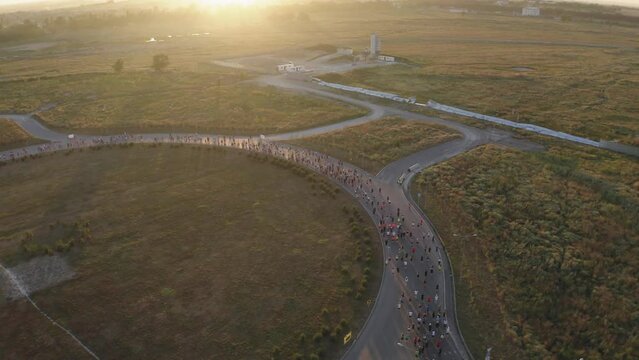 Aerial video shoot of People running at Almaty Marathon, Kazakhstan.
