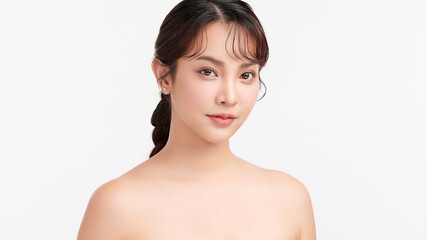 Fototapeta premium Beautiful young asian woman with clean fresh skin on white background, Face care, Facial treatment, Cosmetology, beauty and spa, Asian women portrait.